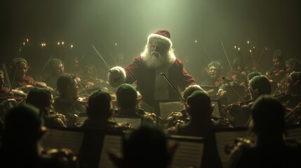 Santa Claus conducting an orchestra of elves playing holiday tunes, instruments glowing, stage lights, 8k, realistic, full ultra HD, high resolution, cinematic photography