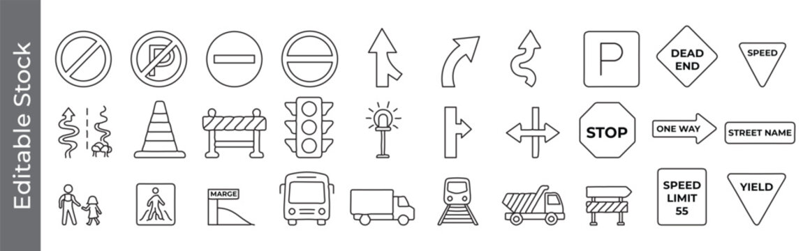 Road sign and traffic icon set &ndash; editable outline symbols of stop, yield, speed limit, parking, bus, truck and pedestrian