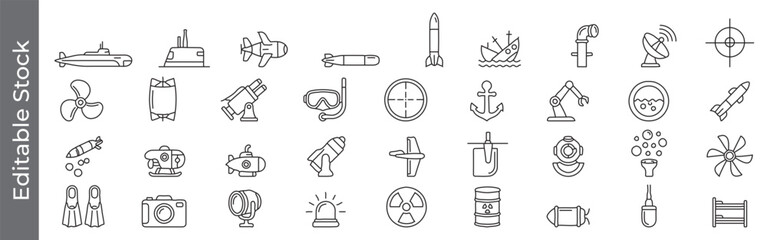 Submarine, naval and marine technology icon set &ndash; editable outline symbols of periscope, propeller, missile, sonar and anchor