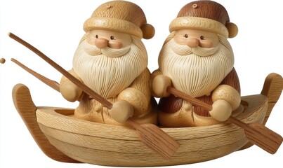 Wooden Santa Claus Figures Sitting on Small Seats in a Boat, Cheerful Holiday Decor with Detailed Craftsmanship