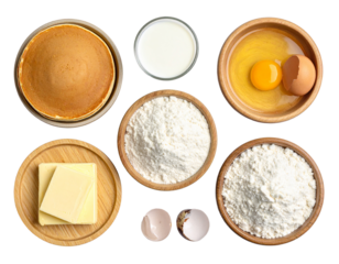 Baking ingredients layout with eggs flour and milk for pancakes isolated