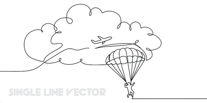 Person skydiving with a parachute near an airplane and clouds in a continuous line art style