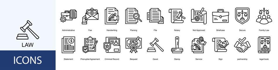 Law icon collection set. Containing Administrative, Fee, Handwriting, Parsing, File, Notary icon