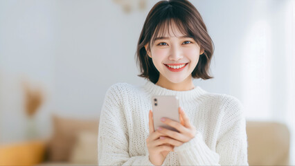明るいリビングで白いニットを着てスマートフォンを持ち笑顔を見せる若いアジア人女性