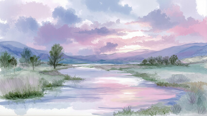 パステルカラーの空と山々を映す静かな川のある美しい水彩画風の風景イラスト