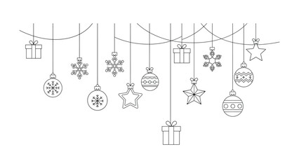 Festive Garland Silhouette: A collection of meticulously drawn holiday ornaments, including gift boxes, snowflakes, and stars, hangs gracefully from delicate strings.