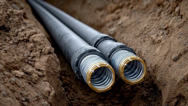 Close-up view of two black pipes with golden threaded ends emerging from a freshly dug trench, showcasing the installation process, camera zooms in to highlight details and textures