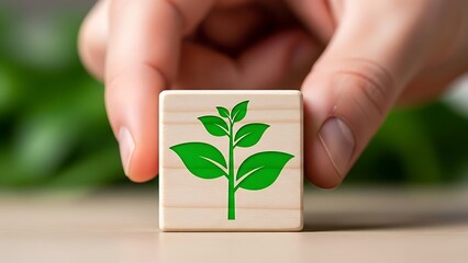 Sustainable Growth: Holding a Wooden Block with a Green Plant Symbol for Eco-Conscious Initiatives
