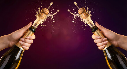 Vibrant party celebration background and closeup of women hand opening a couple of champagne bottles with a loud exploding splash.