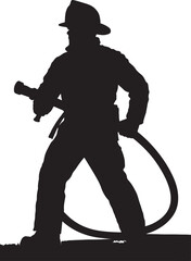 A silhouetted brave firefighter battling flames with a powerful water hose