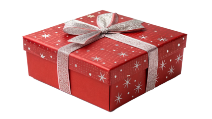 Red Christmas gift box with shiny ribbon and bow isolated on pure white or transparent studio background.