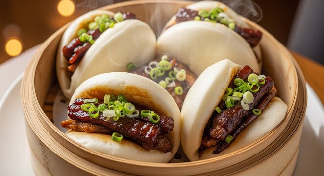 Steaming hot pork belly bao buns with fresh green onions, a delicious Asian street food delicacy.