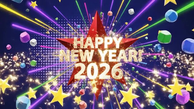 Festive happy new year 2026 celebration with animated fireworks and clouds