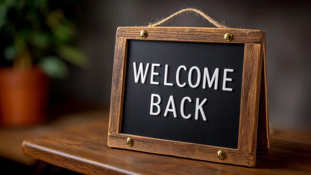 Wooden welcome back sign displayed on a rustic table, with a blurred background of greenery, showcasing a warm atmosphere, camera gradually zooms in for emphasis on the message