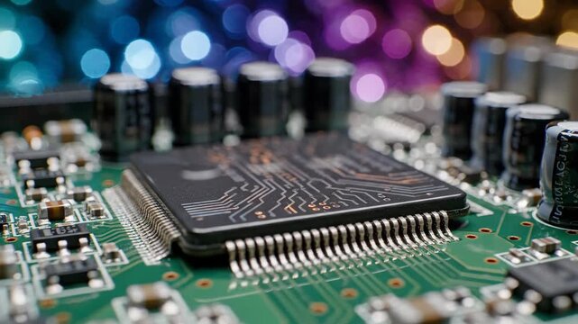 Macro close up of black electronic computer microchip on green circuit board with soldering components representing digital technology hardware and modern engineering data processing industry design c