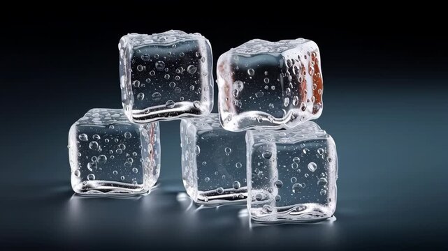 Ice cubes stacked artistically on a dark background, showcasing glistening surfaces and bubbles, with a gradual zoom out revealing the intricate details and textures of the ice