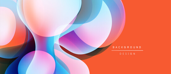 Abstract fluid shapes overlap, creating vibrant color gradients. Orange background complements cool tones. Modern design element.