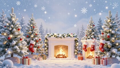 Cozy Christmas Scene Fireplace, Gifts, Snowfall and Decorated Trees