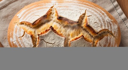 Obraz premium Rustic artisan sourdough bread with a crisp golden crust, dusted with flour.