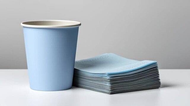 Blue paper cup positioned beside a stack of light blue napkins, showcasing a gradual camera pan that highlights the textures and colors of the scene, creating a serene atmosphere
