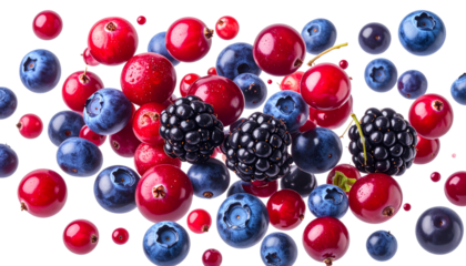 Floating Mixed Berries Collection Realistic PNG Transparent Background.