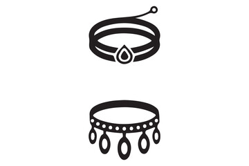 Two elegant black line art necklace icons with gemstone and pendant details isolated on white background