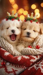 Two Puppies Wear Festive Crowns and Snuggle in a Cozy Blanket Decorated With Christmas Motifs