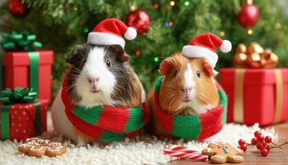 Guinea Pigs in Red and Green Scarves With Santa Hats Sitting Near Christmas Presents and Decorations on a Festive Winter Day