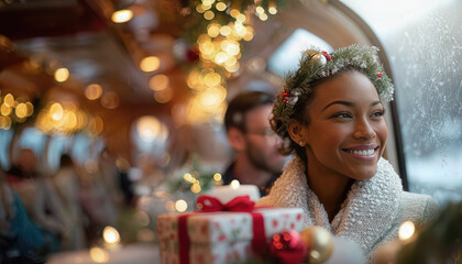 Woman Enjoying a Festive Train Surrounded by Gifts and Decorations During a Holiday Trip