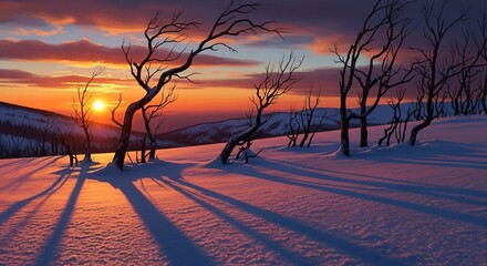 Golden sunset casts long shadows across a serene snow-covered landscape with bare trees.