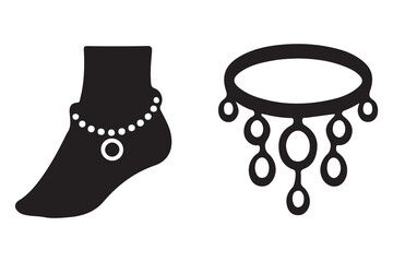 Black silhouette of a woman s ankle with a beaded anklet and a decorative pendant necklace isolated on white background