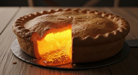 Warm, golden pie with a molten, glowing center, ready to be served.