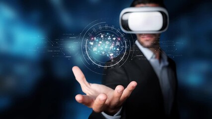A businessman wearing a virtual reality headset interacts with a digital interface that presents global connections and technology symbols, highlighting innovation. Raster - Powered by Adobe