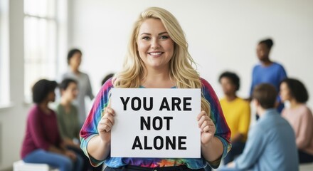 Woman holding a sign with the message You are not alone, concept of support group or therapy session for mental health awareness.