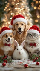 Four Animals Wearing Red Hats and Bow Ties Celebrate Christmas in a Festive Setting With a Decorated Tree and Lights in the Background