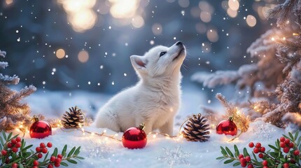 Cute Puppy Looks up Among Christmas Decorations and Snow While Snowflakes Fall Around the Scene During Winter Festivities
