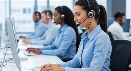 Woman in headset typing on computer. Call center agent working in a busy customer service office. Telemarketing and live support concept.