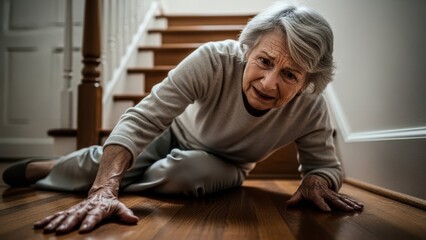 Senior woman falling on floor near stairs at home. Elder care and elderly accident concept. Geriatric healthcare and safety illustration.