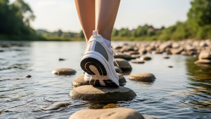 Woman steps from one stone to another in river. Concept of personal progress, overcoming obstacles, and moving forward in life.