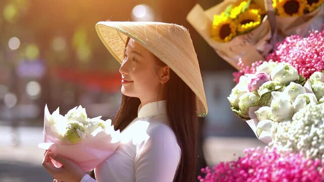A young Vietnamese woman wearing a white ao dai and a conical hat stands beside a colorful street flower stall, on street in Hanoi, Vietnam. Travel and Vietnamese culture