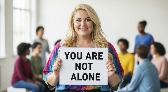 Woman holding a sign with the message You are not alone, concept of support group or therapy session for mental health awareness. - Powered by Adobe