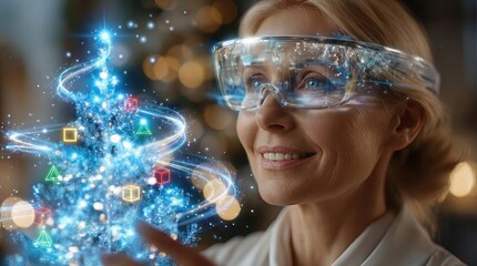 Woman Interacting With a Virtual Christmas Tree While Wearing Futuristic Glasses and Smiling During a Festive Holiday Gathering