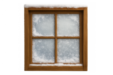 Wood window frame featuring frosted glass and accumulating snow, symbolizing winter warmth and isolation