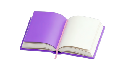 Open Purple Book with Blank Pages on White Background