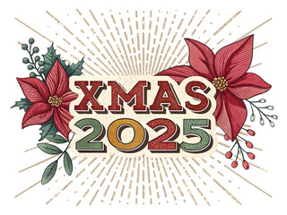 XMAS 2025 Typography Red Decorative Isolated on White Background