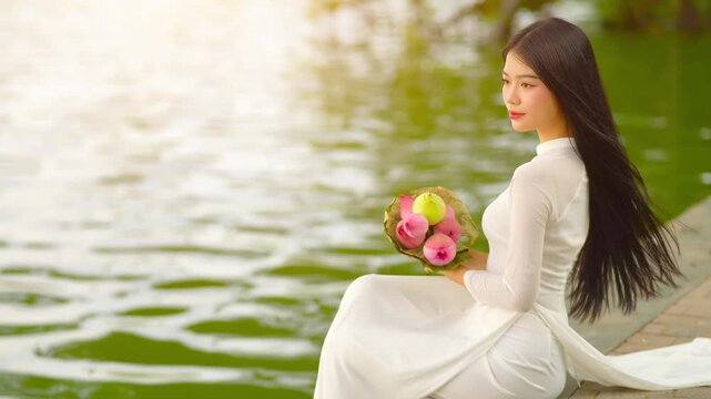 A young Vietnamese woman in a white ao dai sitting by Hoan Kiem Lake, holding a bouquet of pink lotus flowers