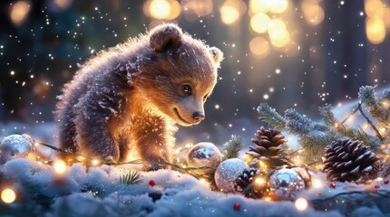 Cute Bear Explores Christmas Decorations in a Forest Setting at Night