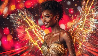 Bright Lights and Festive Spirit Shine as a Person With Decorative Wings Stands Against a Colorful Background During a Holiday Celebration