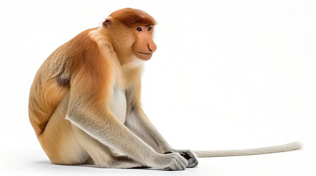 Proboscis monkey sitting with long nose prominent, arms resting on knees, isolated on clean white