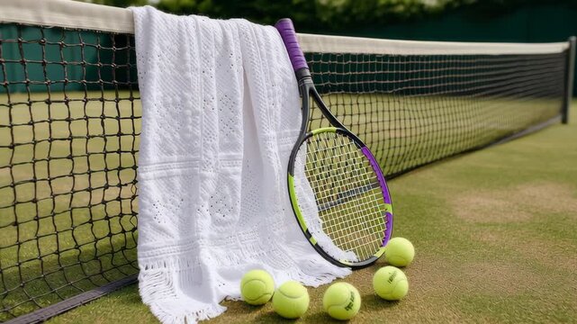 Tennis scene featuring a vibrant racket resting against a net, accompanied by bright yellow balls and a textured white towel, showcasing a dynamic perspective with gradual zoom in